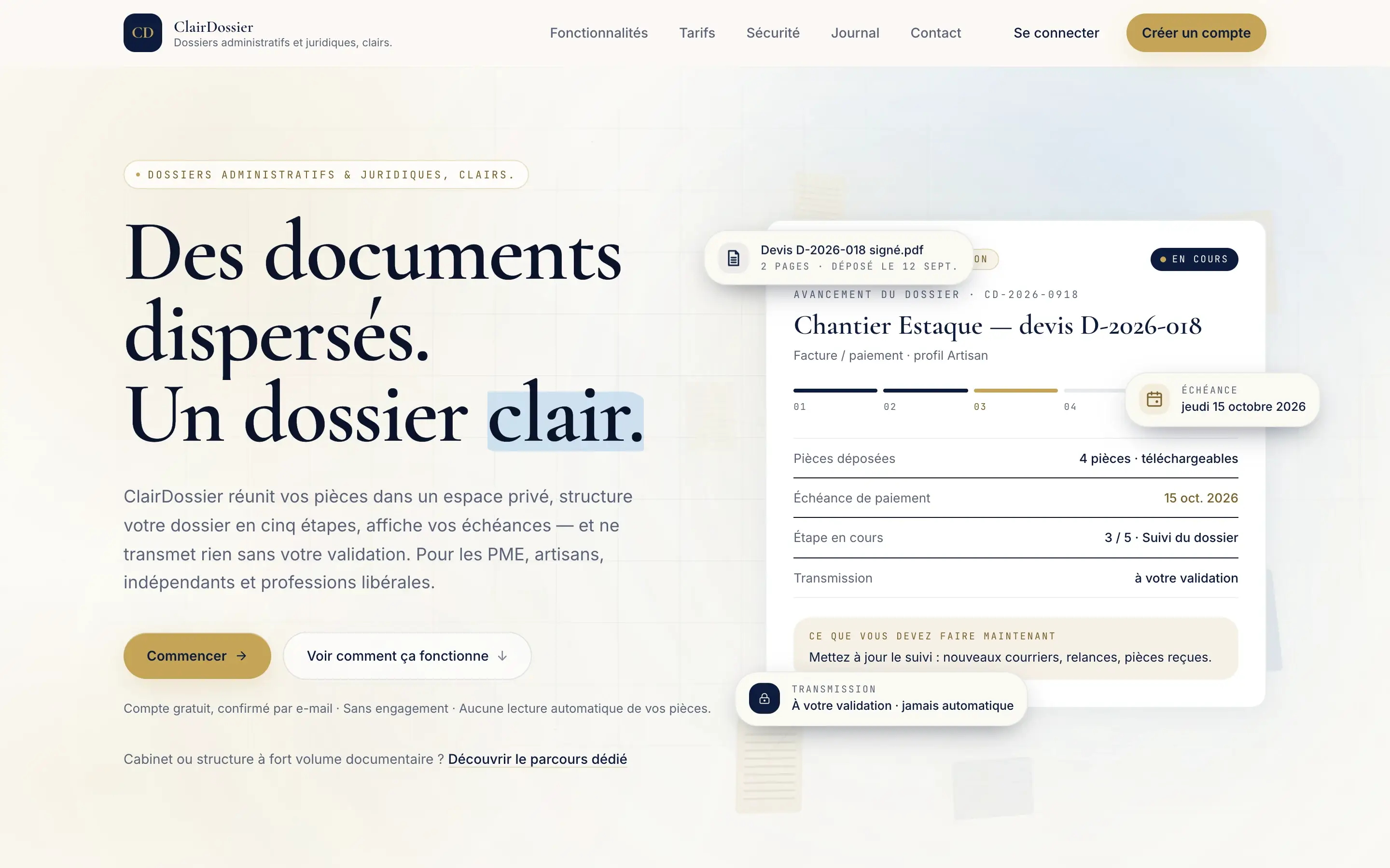 Page d'accueil de ClairDossier : titre « Des documents dispersés. Un dossier clair. » et aperçu d'un dossier avec ses étapes, ses pièces déposées et son échéance.