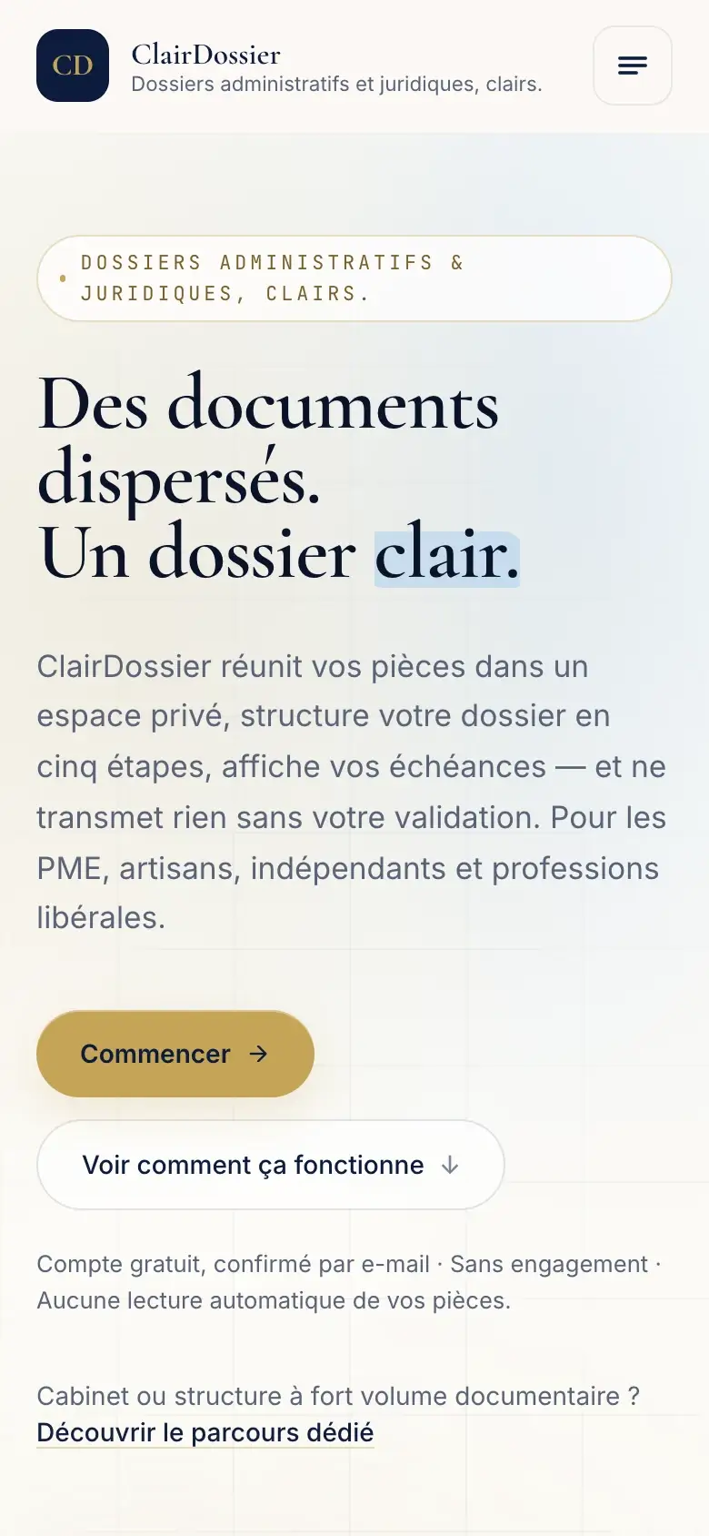 Version mobile de la même page — ClairDossier.